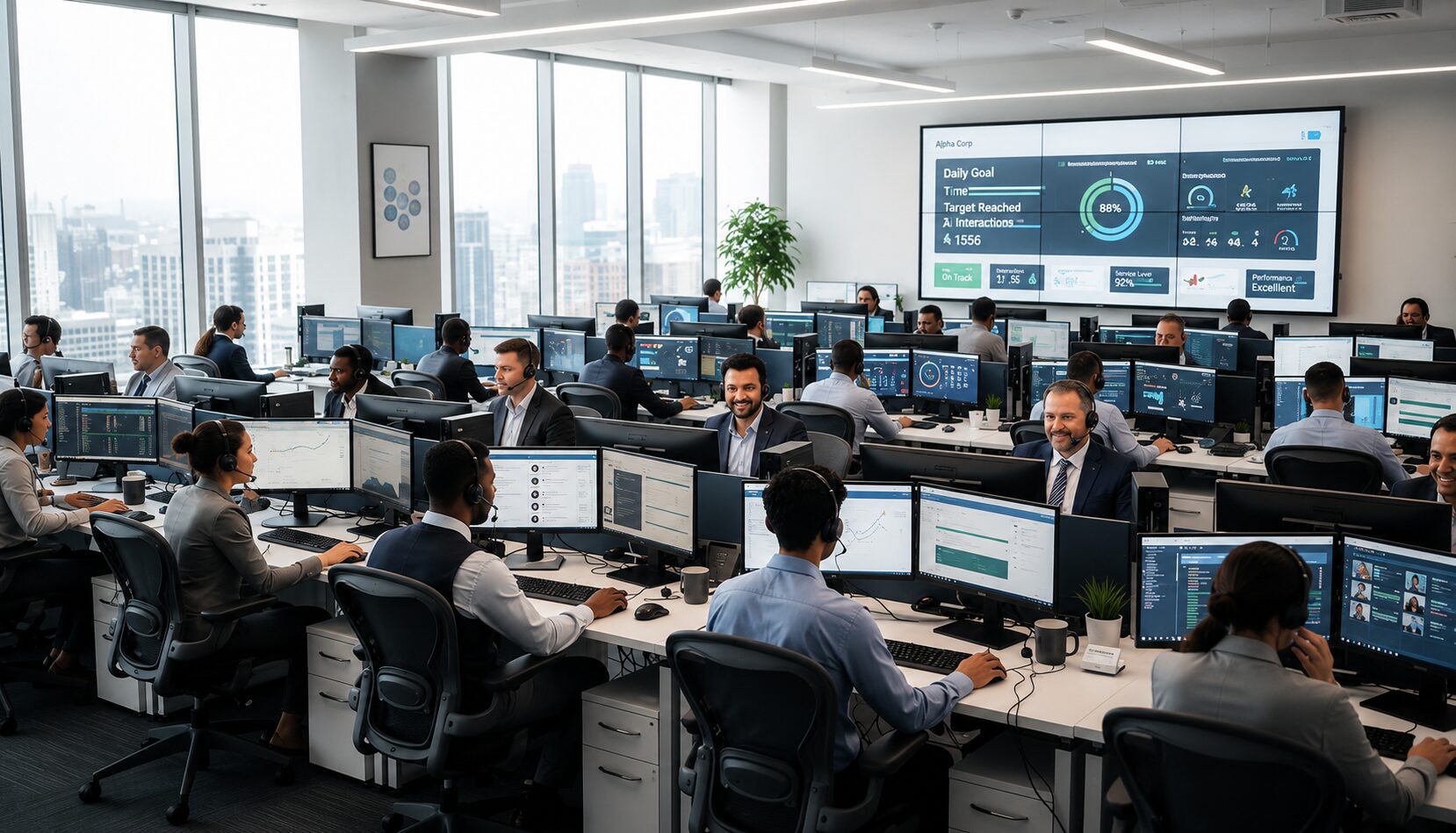 Busy financial trading floor with analysts at work